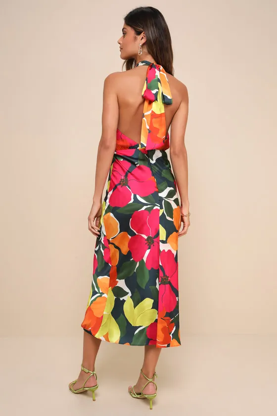 Admirable Invite Dark Teal Multi Floral Satin Halter Midi Dress sold by Lulus product image thumbnail 2
