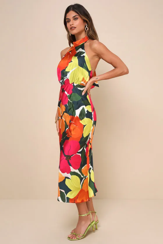 Admirable Invite Dark Teal Multi Floral Satin Halter Midi Dress sold by Lulus product image thumbnail 4
