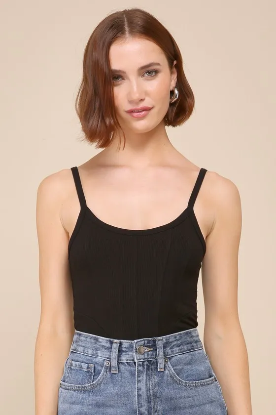Style Skills Black Ribbed Knit Sleeveless Corset Bodysuit sold by Lulus
