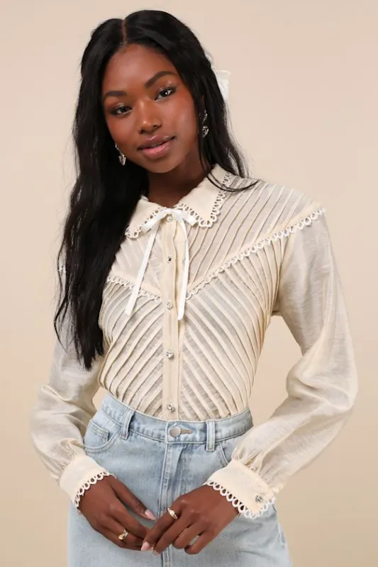 Pony Cream Sheer Pintuck Lace Long Sleeve Button-Up Top sold by Lulus