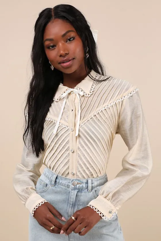 Pony Cream Sheer Pintuck Lace Long Sleeve Button-Up Top sold by Lulus