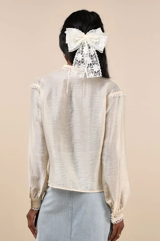 Pony Cream Sheer Pintuck Lace Long Sleeve Button-Up Top sold by Lulus product image thumbnail 2