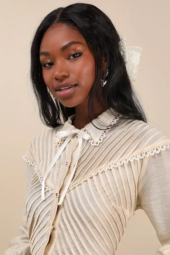 Pony Cream Sheer Pintuck Lace Long Sleeve Button-Up Top sold by Lulus product image thumbnail 3