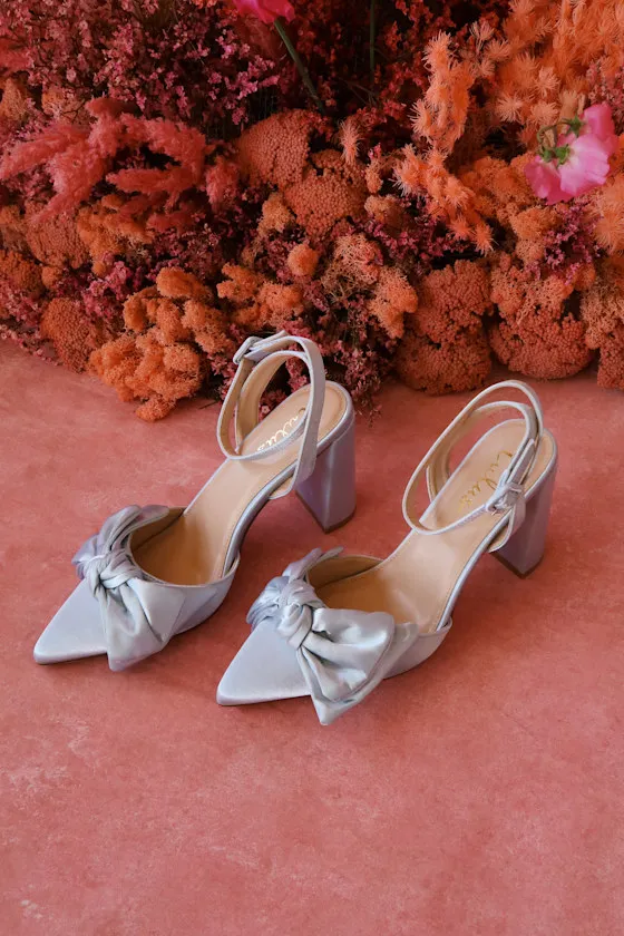 Suttonn Blue Satin Bow Ankle Strap Pointed-Toe Pumps sold by Lulus