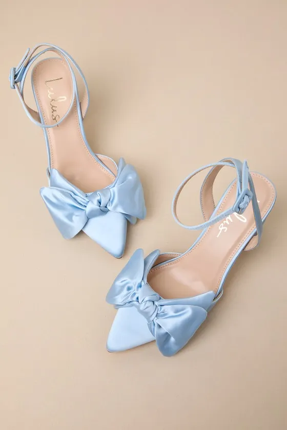 Suttonn Blue Satin Bow Ankle Strap Pointed-Toe Pumps sold by Lulus product image thumbnail 4