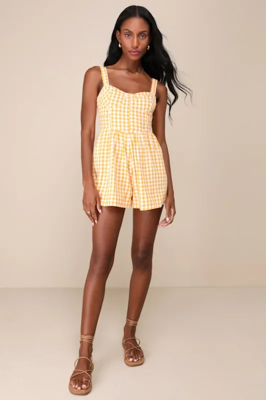 Precious Trend Yellow and White Gingham Bustier Romper sold by Lulus