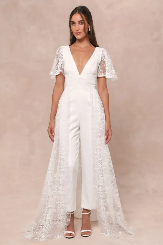 Immaculate Love White Mesh Embroidered Cape Jumpsuit sold by Lulus