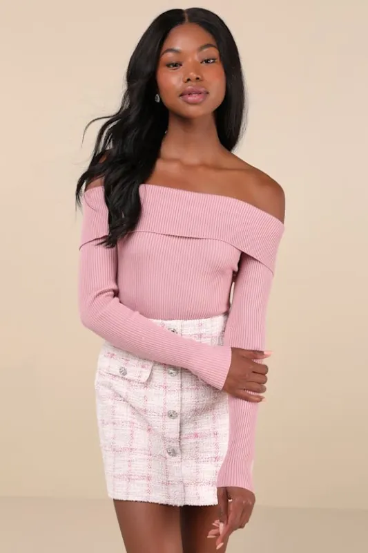 Casual Admiration Mauve Ribbed Off-the-Shoulder Sweater Top made by Lulus