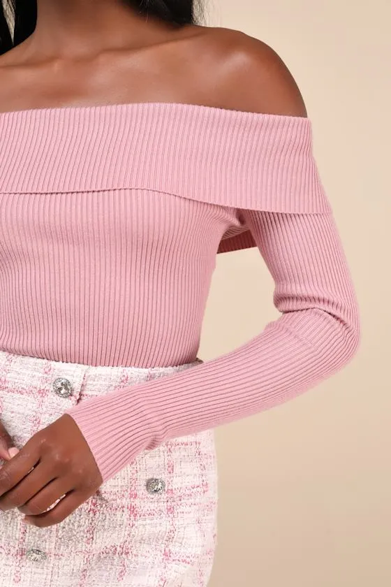 Casual Admiration Mauve Ribbed Off-the-Shoulder Sweater Top sold by Lulus product image thumbnail 4