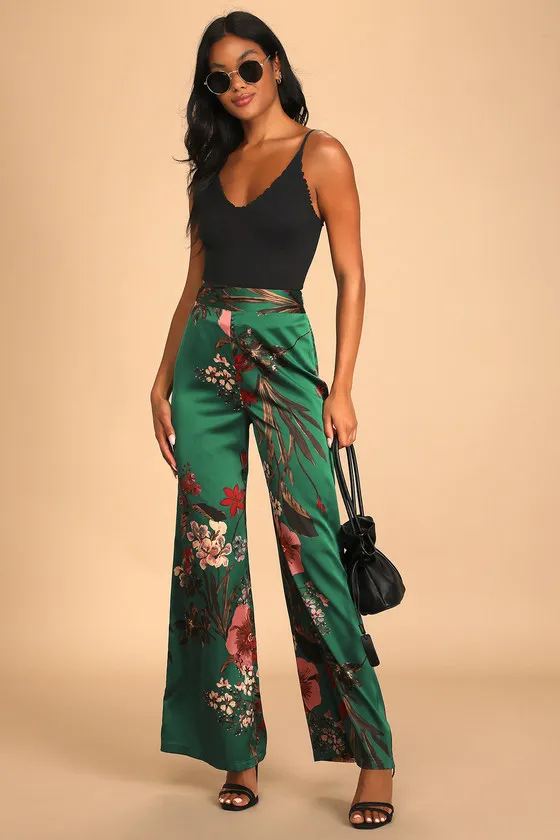 Thriving Vibes Green Floral Print Satin Wide-Leg Pants sold by Lulus