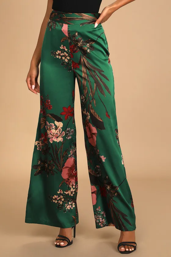 Thriving Vibes Green Floral Print Satin Wide-Leg Pants sold by Lulus product image thumbnail 2