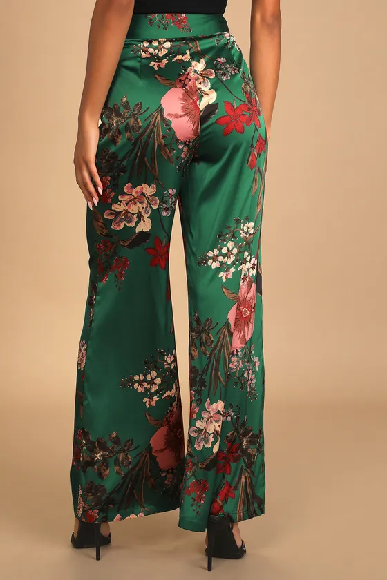 Thriving Vibes Green Floral Print Satin Wide-Leg Pants sold by Lulus product image thumbnail 3