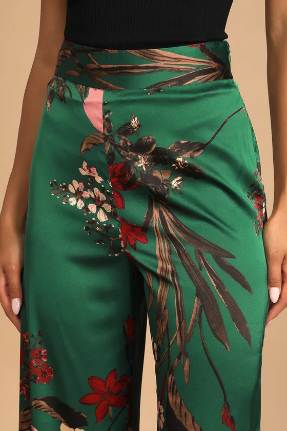 Thriving Vibes Green Floral Print Satin Wide-Leg Pants sold by Lulus product image thumbnail 4
