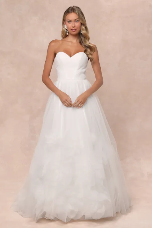 Beloved Vow White Tulle Pleated Strapless Flower Maxi Dress sold by Lulus