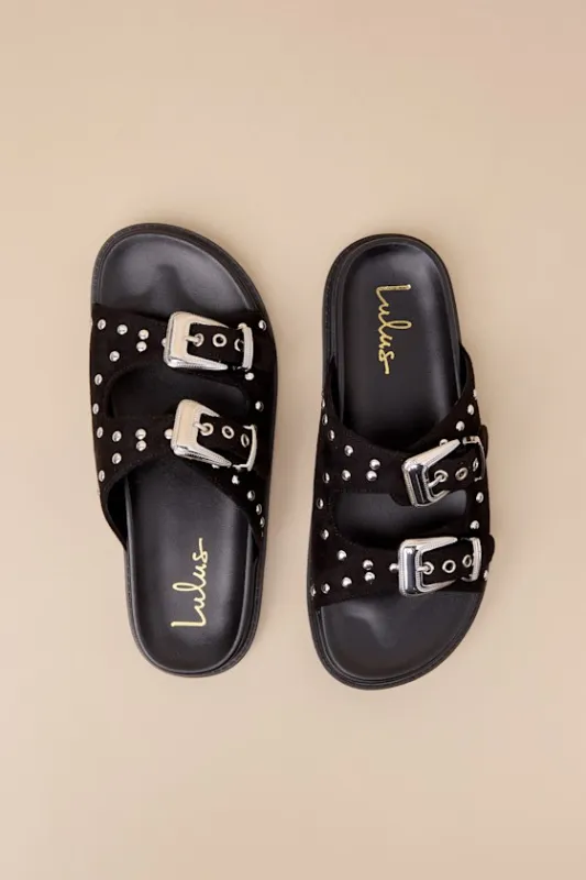 Jadah Black Suede Studded Buckle Slide Sandals sold by Lulus