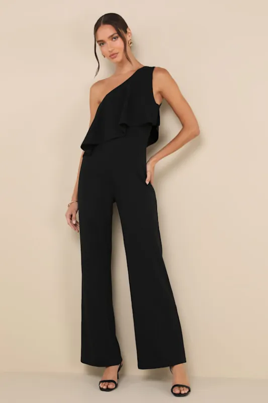 Flawless Vibes Black One-Shoulder Tiered Wide-Leg Jumpsuit sold by Lulus