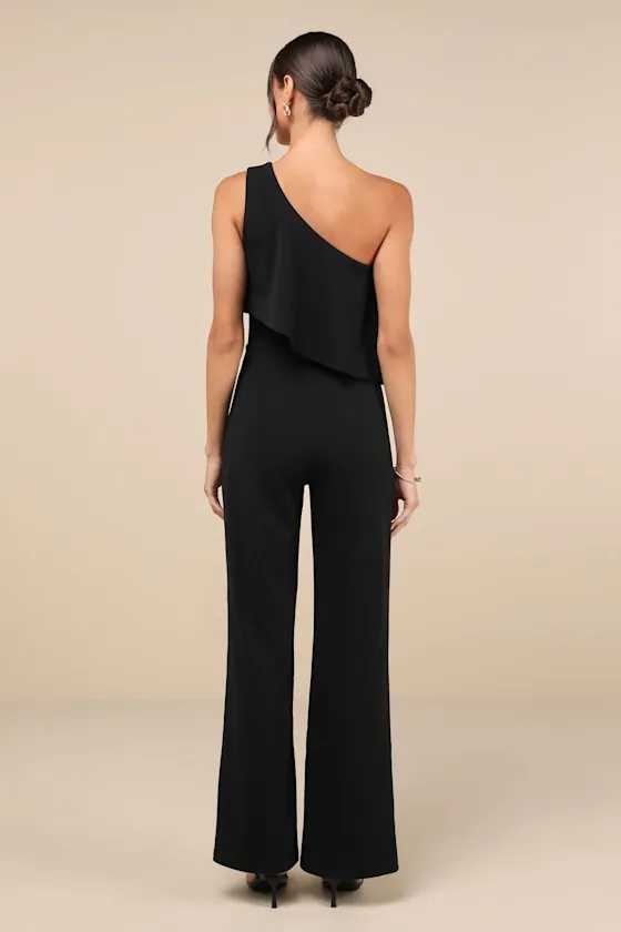 Flawless Vibes Black One-Shoulder Tiered Wide-Leg Jumpsuit sold by Lulus product image thumbnail 2