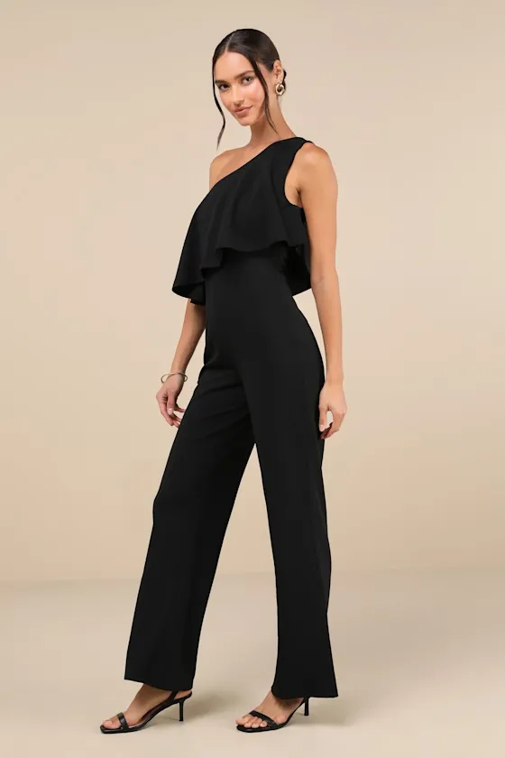 Flawless Vibes Black One-Shoulder Tiered Wide-Leg Jumpsuit sold by Lulus product image thumbnail 3