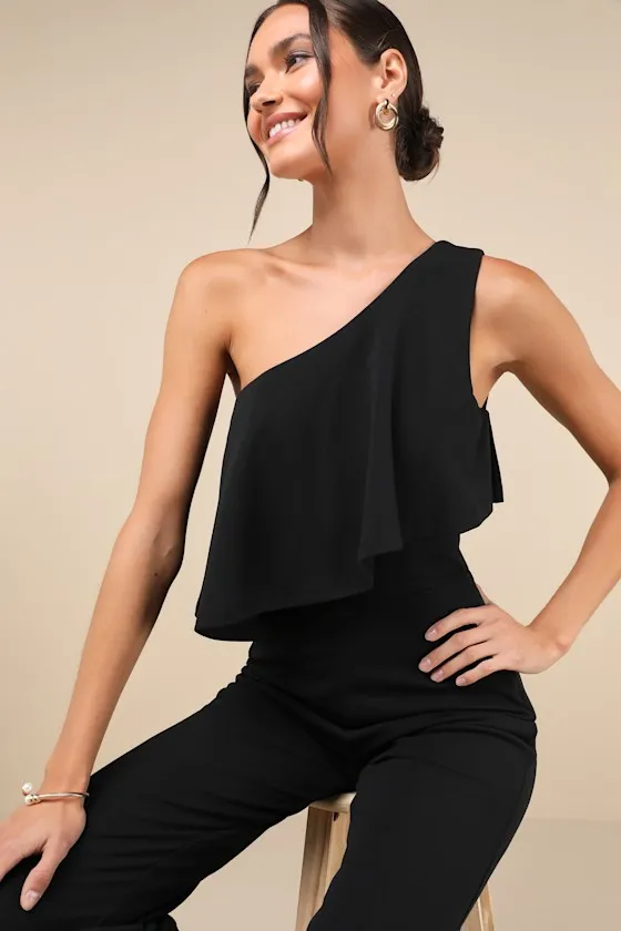 Flawless Vibes Black One-Shoulder Tiered Wide-Leg Jumpsuit sold by Lulus product image thumbnail 4