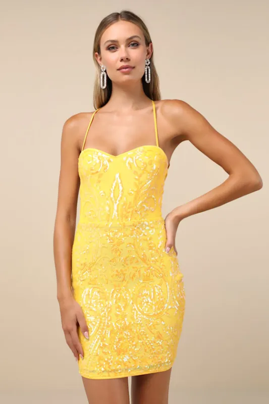 Shining Goddess Yellow Sequin Lace-Up Mini Dress sold by Lulus