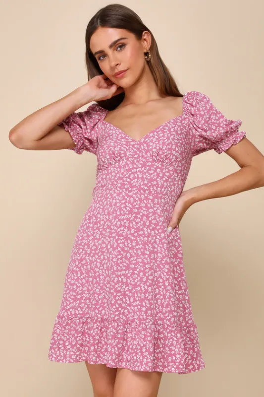 Grateful Feelings Pink Floral Print Puff Sleeve Mini Dress sold by Lulus