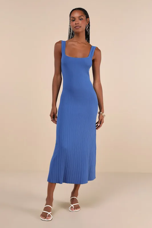 Majorly Stylish Blue Ribbed Knit Sleeveless A-Line Midi Dress sold by Lulus