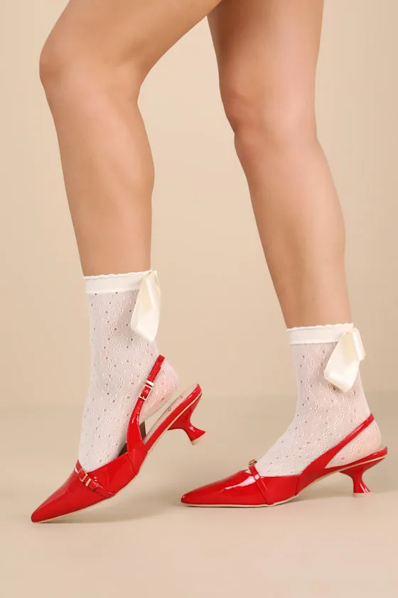 Hughette Crimson Patent Pointed-Toe Slingback Pumps sold by Lulus