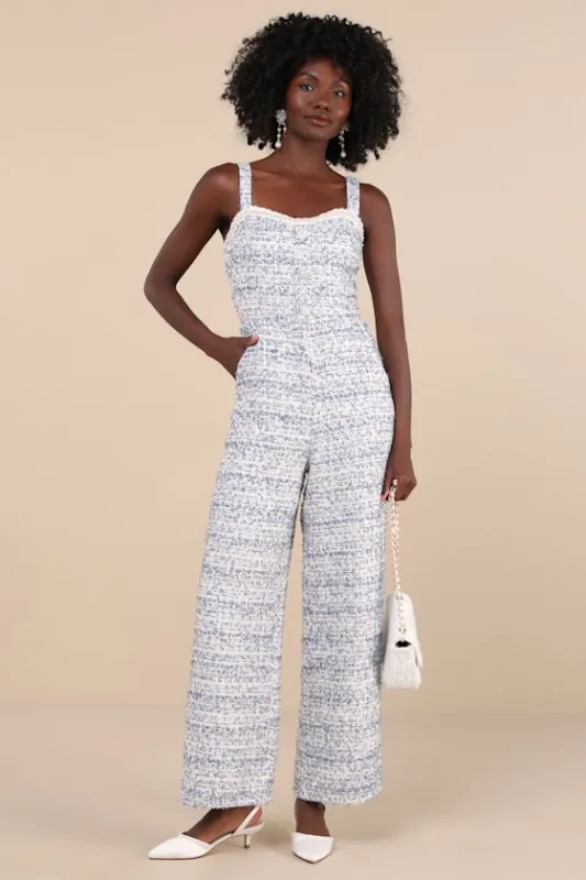 Upscale Posture Blue Tweed Sequin Pearl Sleeveless Jumpsuit sold by Lulus