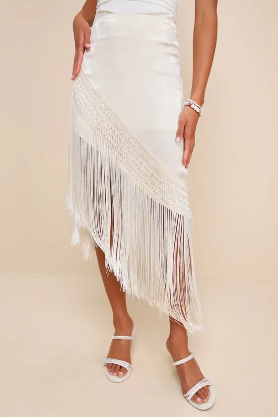 Exquisite Sweetie Cream Satin Jacquard Fringe Midi Skirt sold by Lulus product image thumbnail 2