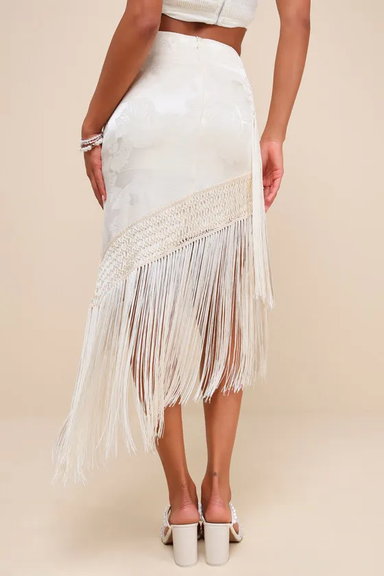 Exquisite Sweetie Cream Satin Jacquard Fringe Midi Skirt sold by Lulus product image thumbnail 3