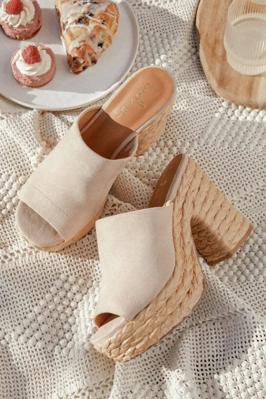 Ervyn Light Nude Suede Raffia Platform Slide Sandals sold by Lulus