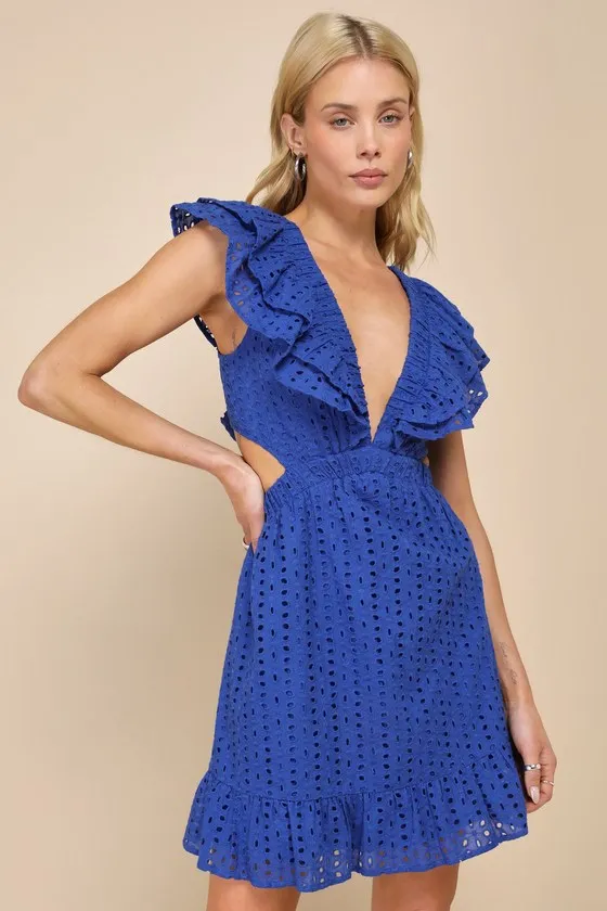 Blissful Sunshine Royal Blue Eyelet Backless Mini Dress sold by Lulus