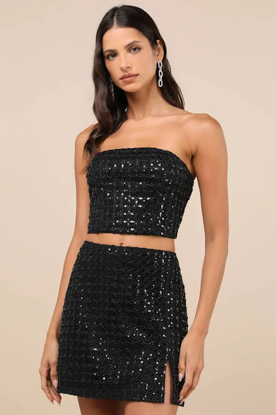 Lovely Decadence Black Sequin Beaded High Rise Mini Skirt sold by Lulus