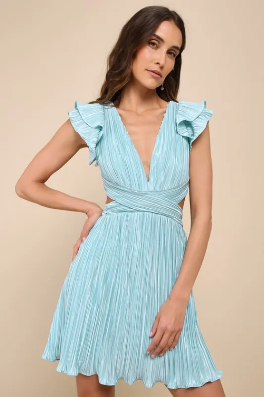 Captivating Delight Teal Blue Plisse Satin Lace-Up Mini Dress sold by Lulus