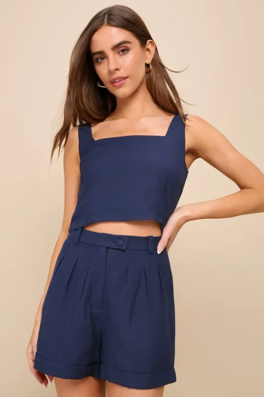 Set for Compliments Navy Blue Tailored High-Waisted Shorts sold by Lulus