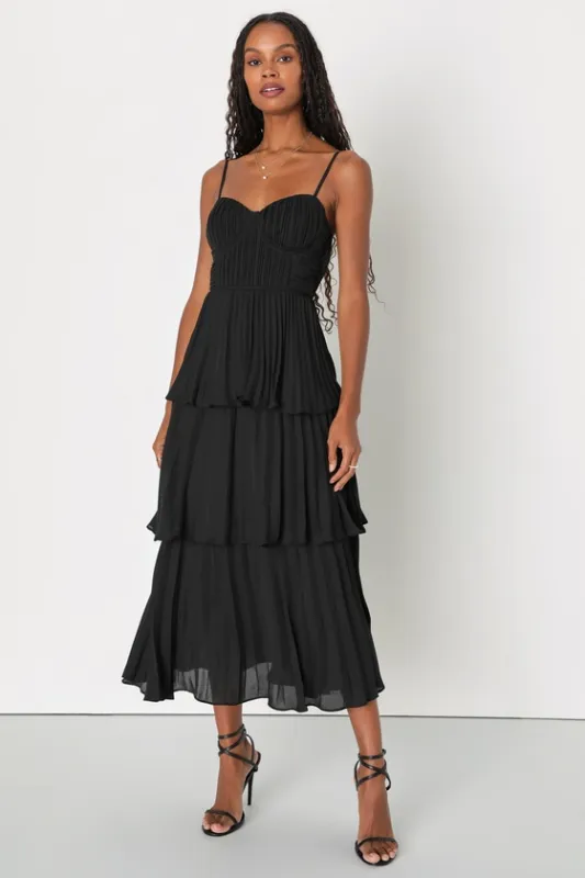 Cascading Crush Black Tiered Bustier Midi Dress sold by Lulus
