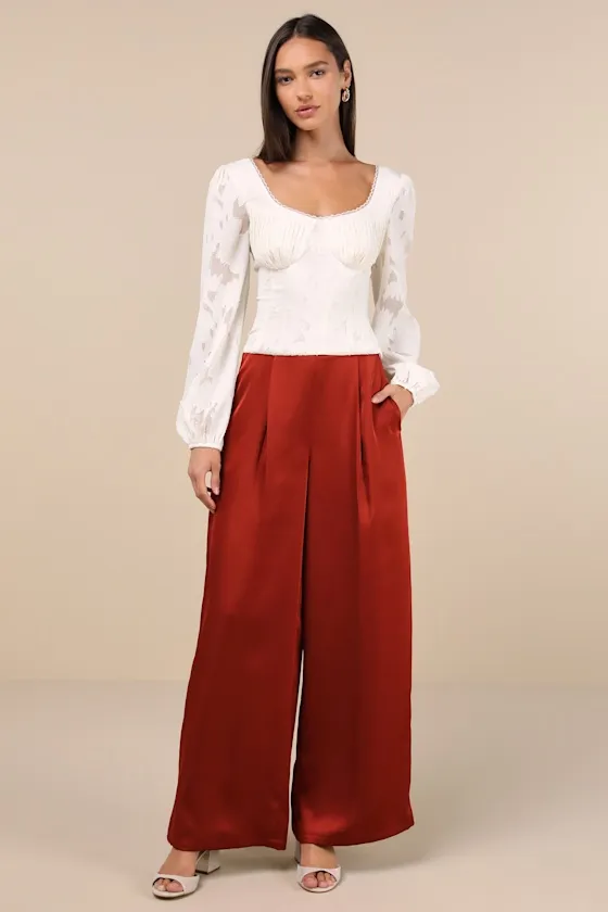 Stunning Chicness Rust Red Satin High-Rise Wide-Leg Pants sold by Lulus