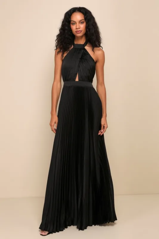 Midnight Moves Black Pleated Satin Cutout Halter Maxi Dress sold by Lulus