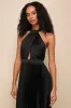 Midnight Moves Black Pleated Satin Cutout Halter Maxi Dress sold by Lulus