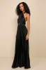Midnight Moves Black Pleated Satin Cutout Halter Maxi Dress sold by Lulus