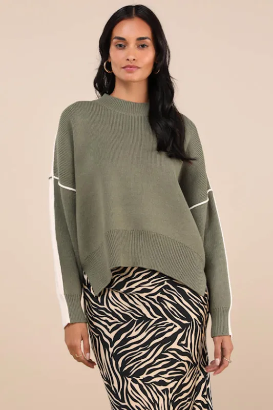 Seasonally Stylish Green and Ivory Color Block Pullover Sweater sold by Lulus