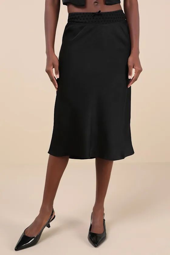 Mira Black Satin Mesh Polka Dot Midi Skirt sold by Lulus product image thumbnail 2