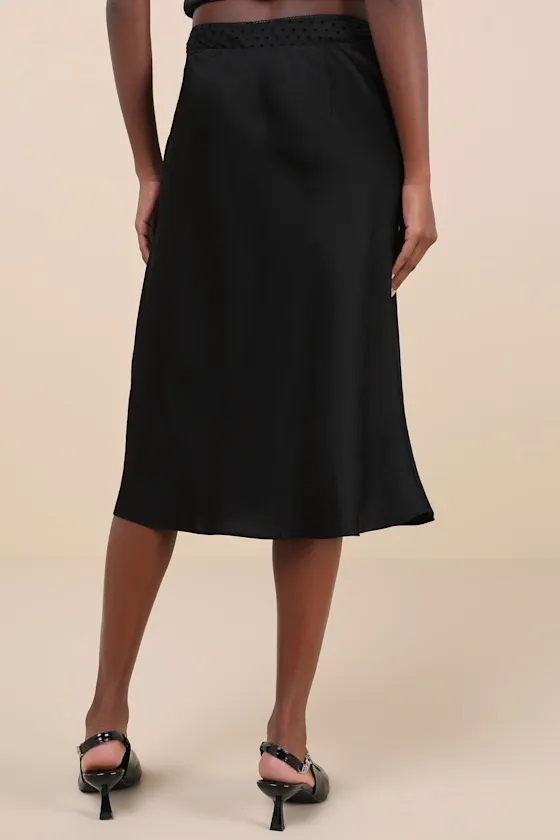 Mira Black Satin Mesh Polka Dot Midi Skirt sold by Lulus product image thumbnail 3