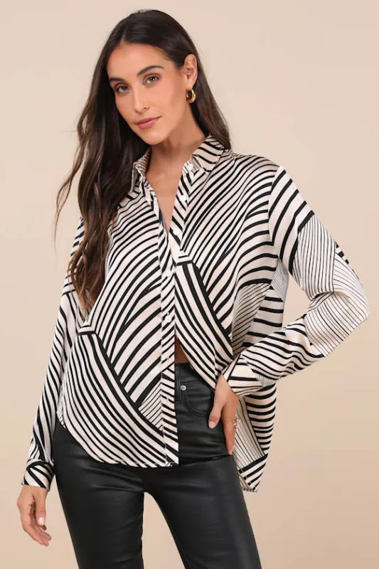 Playfully Composed Black and Cream Striped Satin Button-Up Top sold by Lulus