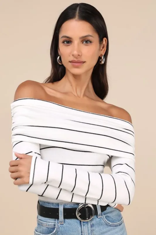 Sweetest Concept White Striped Off-the-Shoulder Sweater Top sold by Lulus