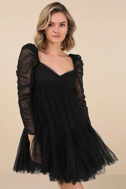 Harena Black Tulle Plisse Long Sleeve Mini Dress sold by Lulus