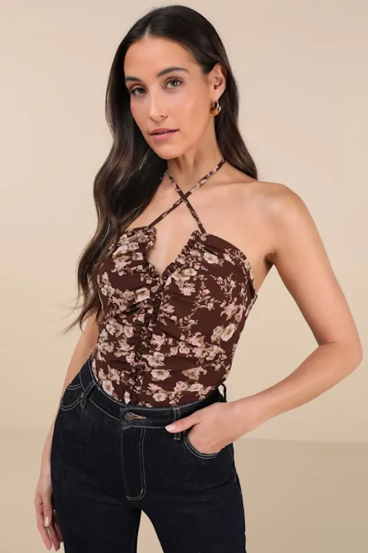 Creative Essence Brown Floral Cross-Front Halter Bodysuit sold by Lulus
