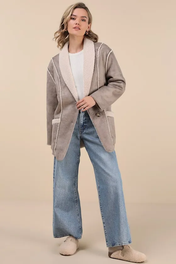 Claine Taupe Distressed Suede Shearling Coat sold by Lulus