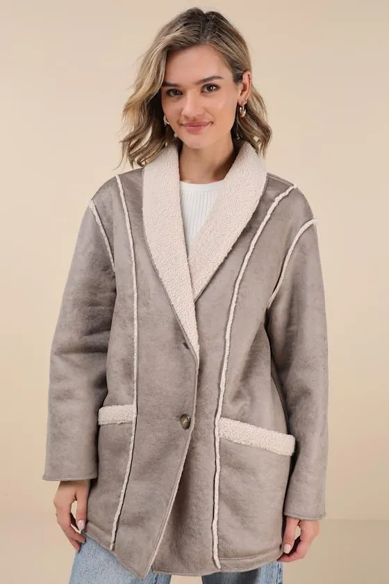 Claine Taupe Distressed Suede Shearling Coat sold by Lulus product image thumbnail 2