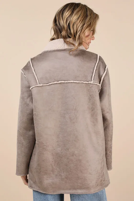 Claine Taupe Distressed Suede Shearling Coat sold by Lulus product image thumbnail 3